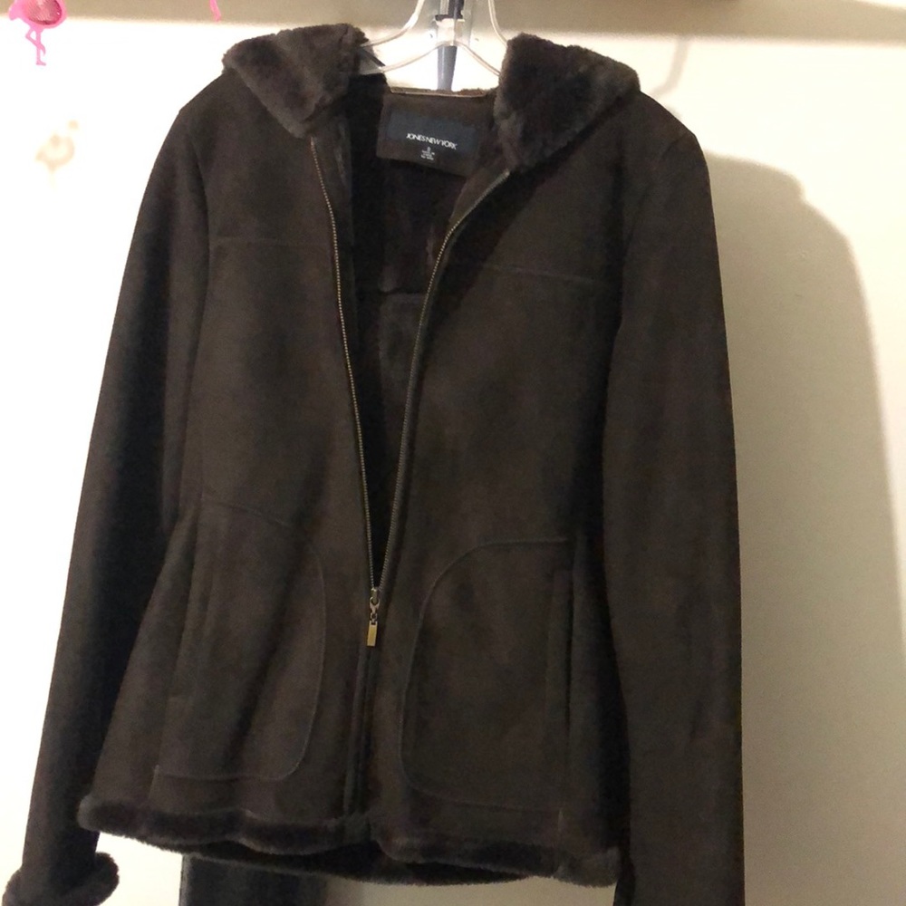 Brown suede type jacket with faux fur lining